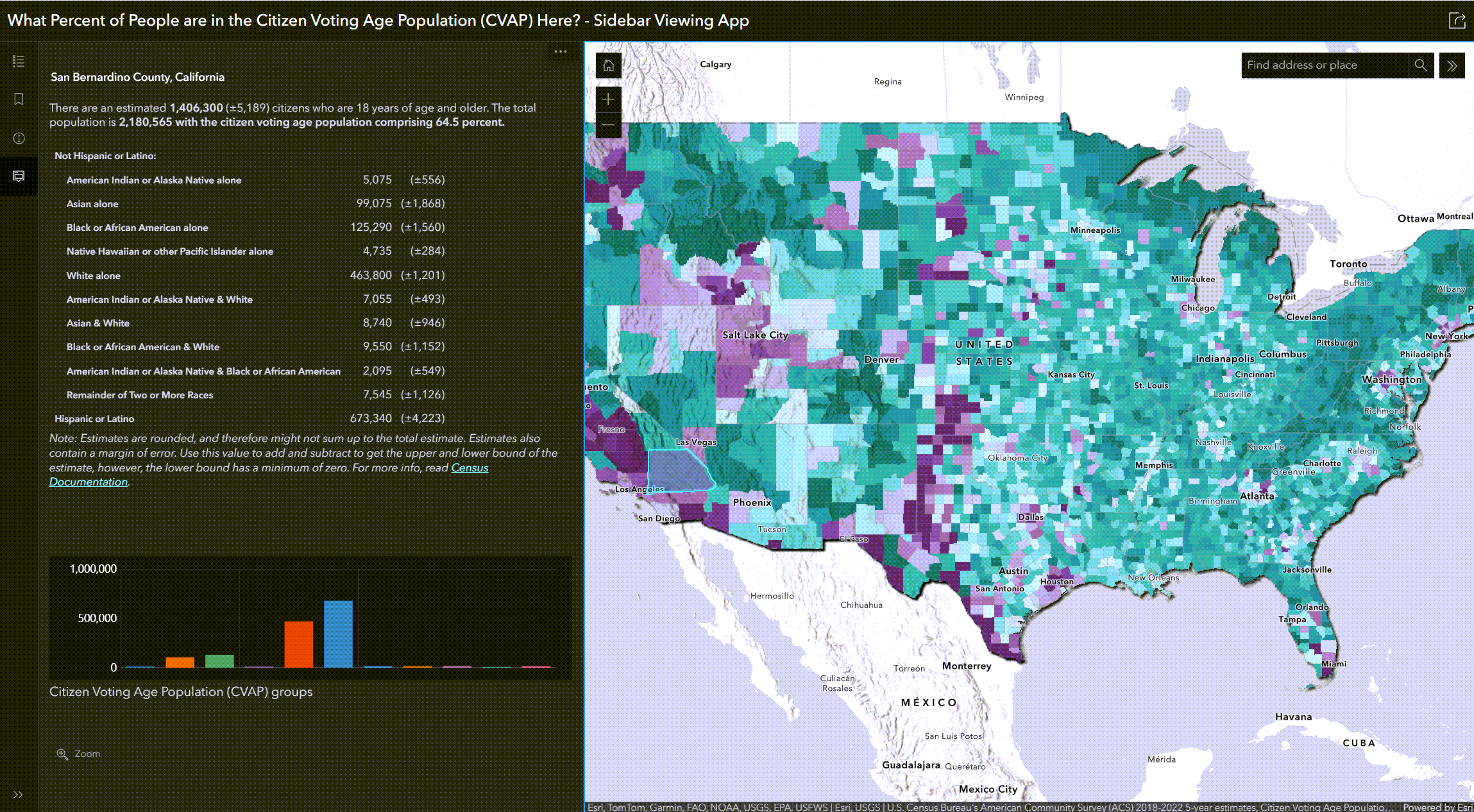 Same map, this time with San Bernardino County selected and the pop-up content (a full table and chart) for San Bernardino County appears in the side panel.