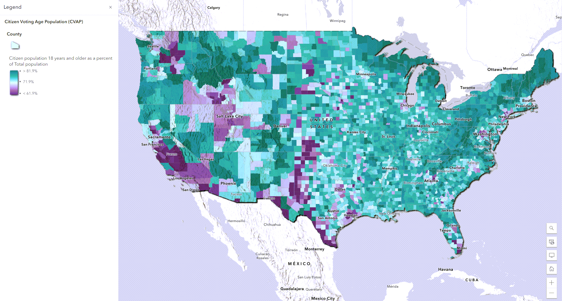 Above and Below style map of counties. Only shows the Lower 48 states.