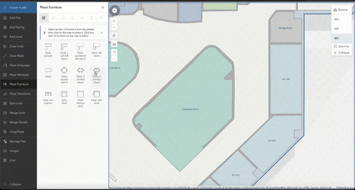 Animation of an indoor map where doors, windows or furniture are selected and added from a palette