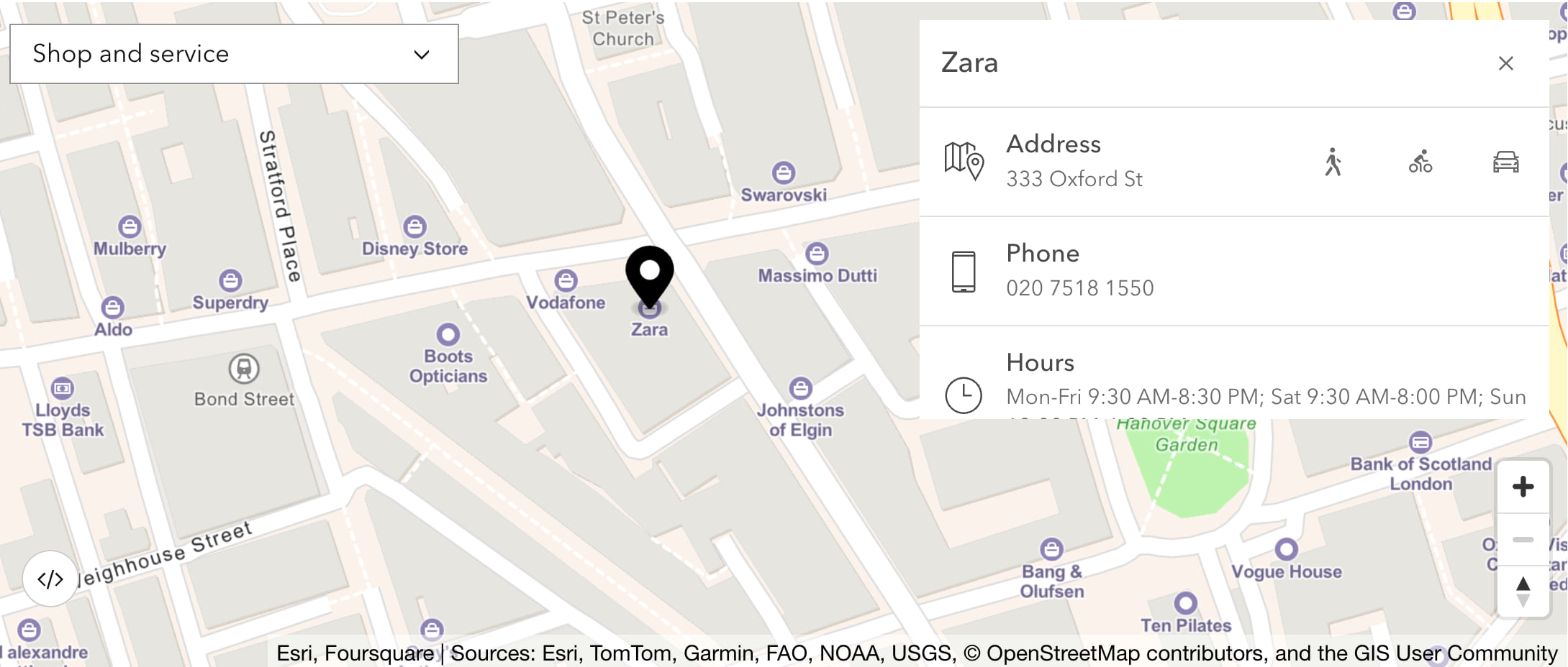 A basemap with a locator on a store