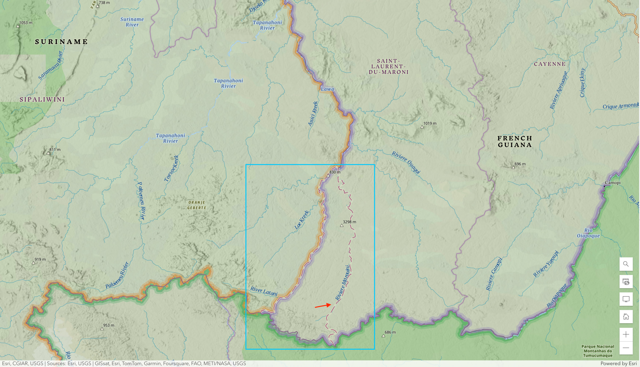 A basemap displaying Suriname and French Guiana along with dashed and solid lines to indicate borders