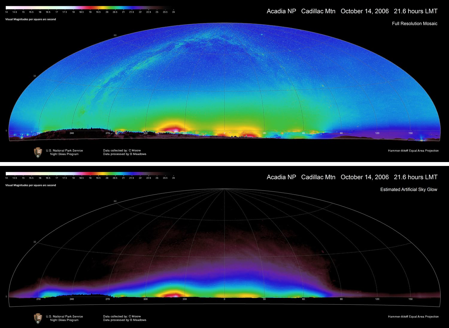 A map of 2023 All-sky Light pollution Ration model of North America with NPS units overlaid in purple