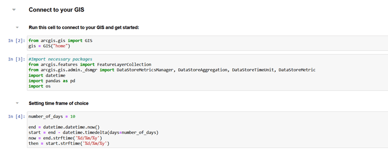Foundational code cells in Manushi's notebook that, when run, import required packages and set the time frame.