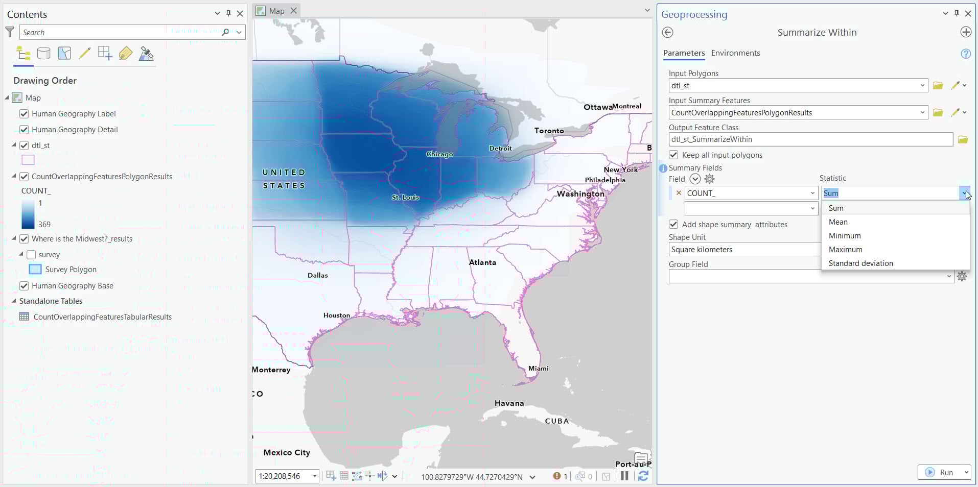 A states boundaries layer has been added, and the state boundaries appear over the blue in pink outlines. The Summarize Within geoprocessing tool is opened, Input Polygons is set to states, Input Summary Features is set to the Count Overlapping Features Polygon Results. Summary fields shows a dropdown menu for statistic: sum, mean, minimum, maximum, and standard deviation.
