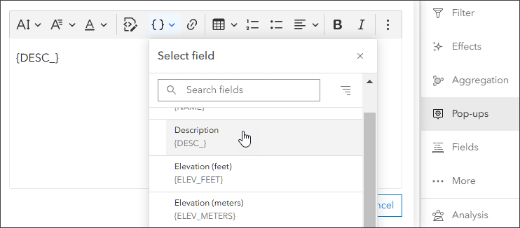Text editor fields list