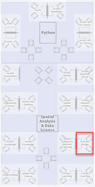 The R-ArcGIS Bridge kiosk is located in the Spatial Analysis & Data Science island in the expo.