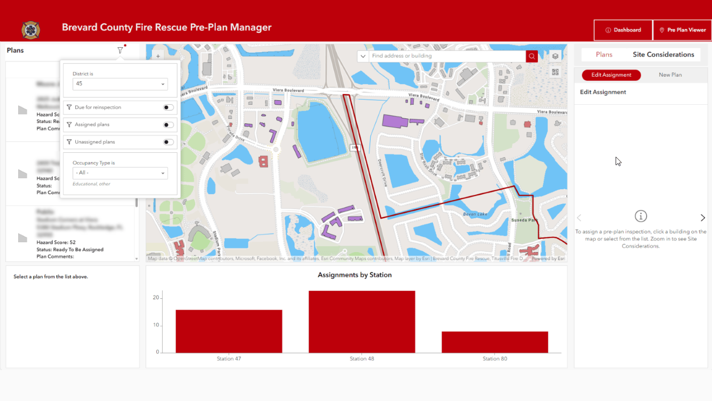 A map of Brevard County with a list of fire stations and their pre-incident planning assignments.