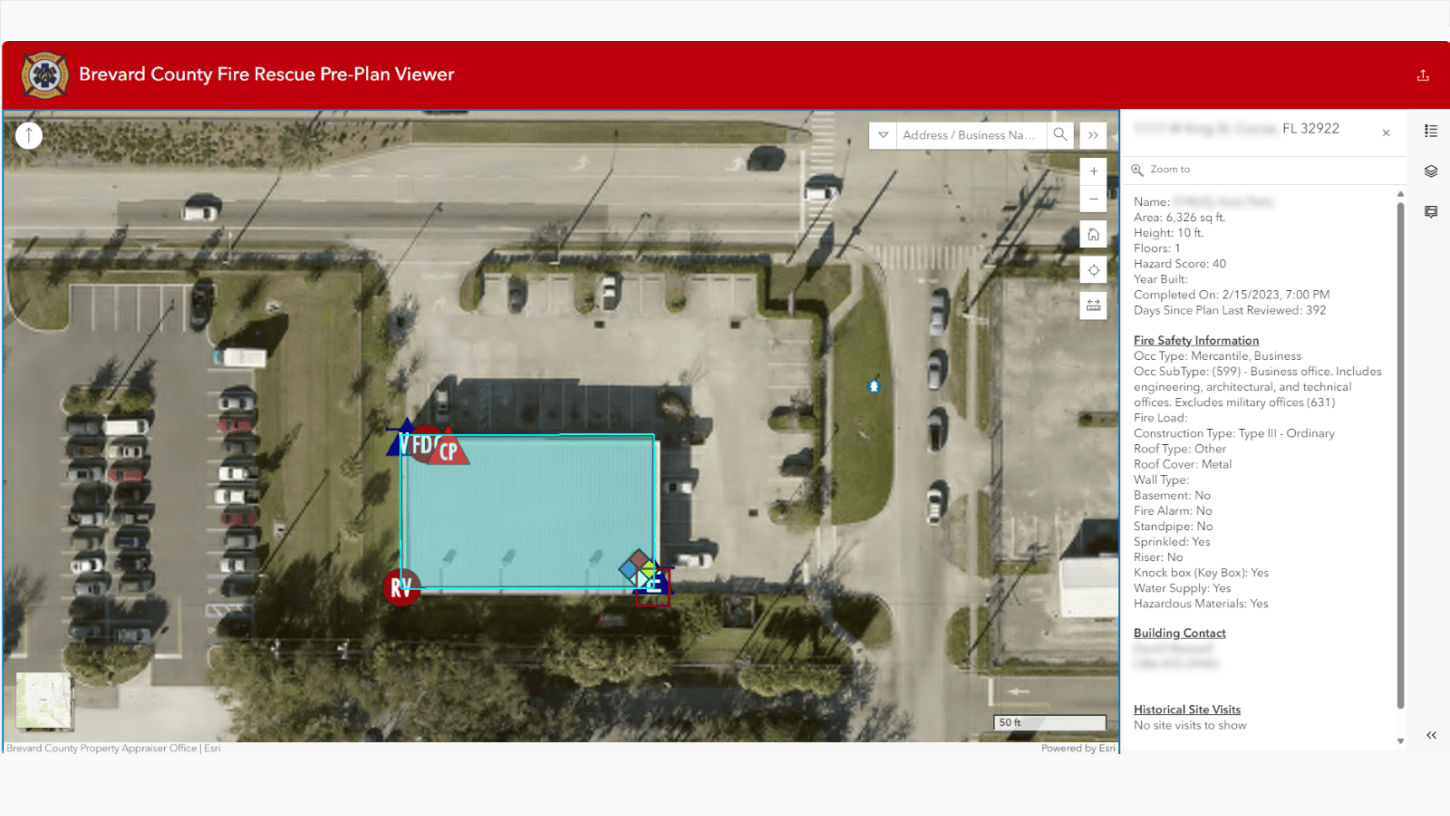 A map showing an aerial view of a building with structural and hazard information layered on top.