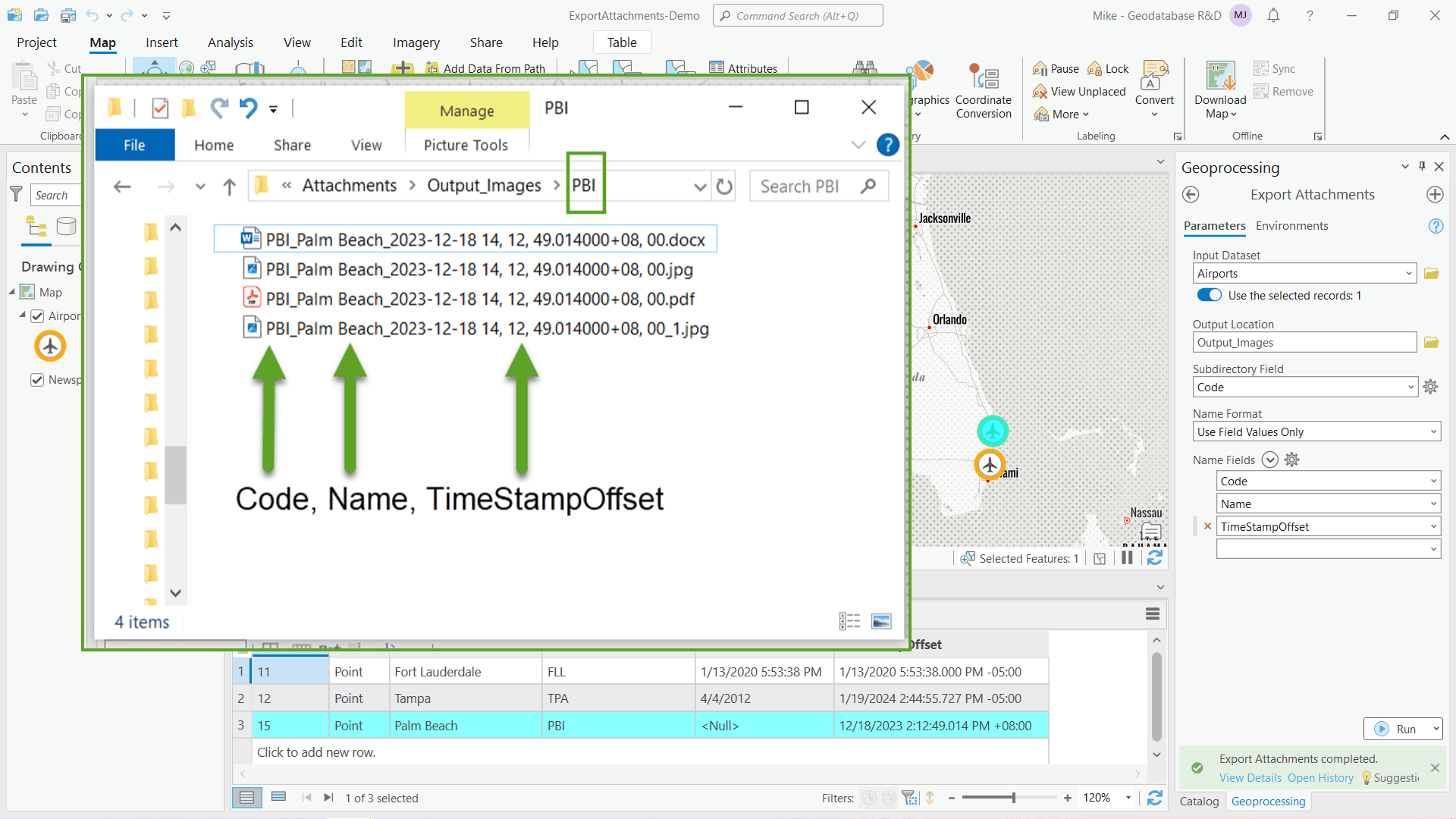 ArcGIS Project with Export Attachments tool honoring feature selection with output location to subdirectory and file names replaced with field values.