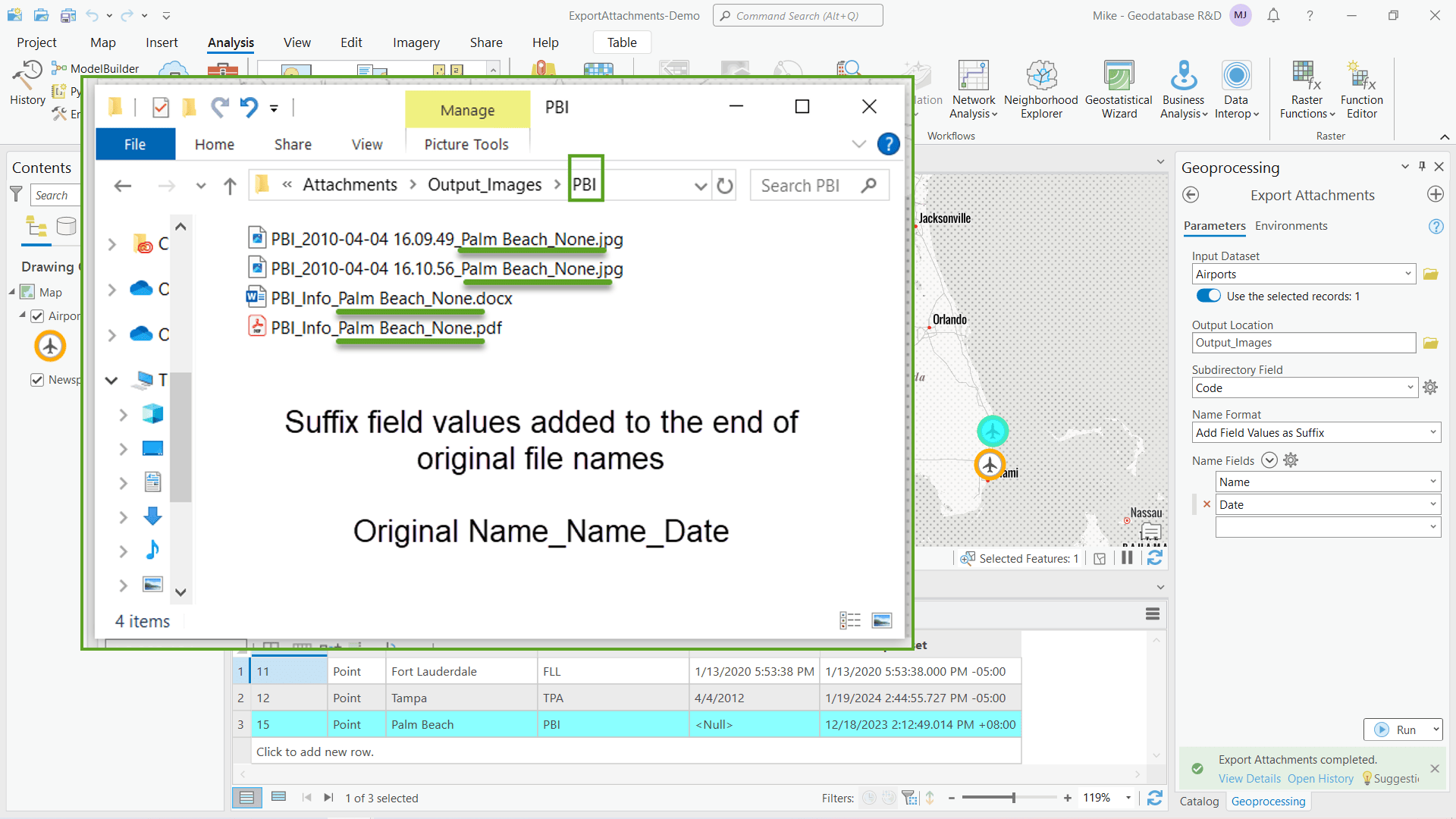 ArcGIS Project with Export Attachments tool honoring feature selection with output location to subdirectory using the Code field and selected field name values added as a suffix to the original file name.