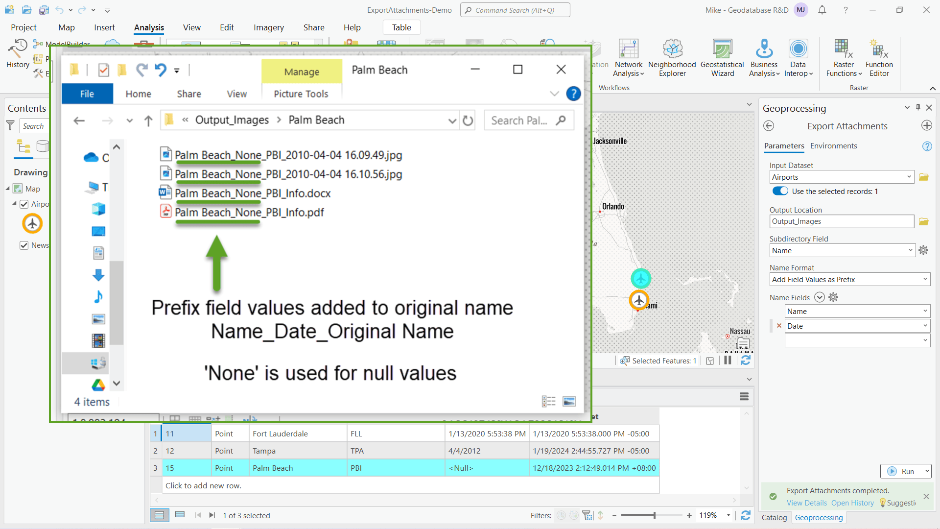 ArcGIS Project with Export Attachments tool honoring feature selection with output location to subdirectory using the Name field and selected field name values added as a prefix to the original file name.