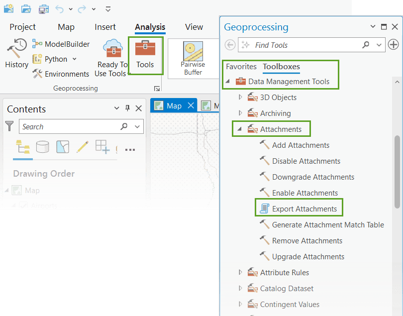 ArcGIS Pro screenshot showing ribbon with Analysis Tab, Tools, and Toolboxes expanded to show Export Attachments tool.