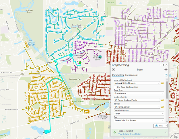 This graphic shows a map in ArcGIS Pro with an open dialog for an upstream trace in the sewer collection area tier. The map has lines that are color coded for each sewershed with point symbols indicating the location of the treatment plant and pumps. There is a green dot representing the starting location of the trace and all the features between the starting location and the treatment plant are selected.