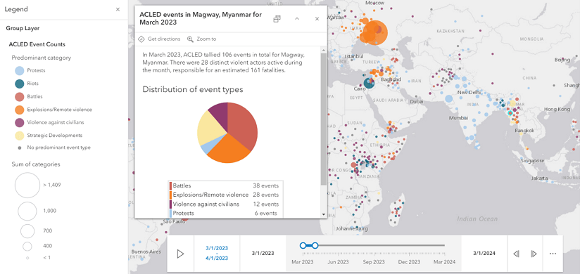 Map of the default ACLED data layer with a legend and pop-up