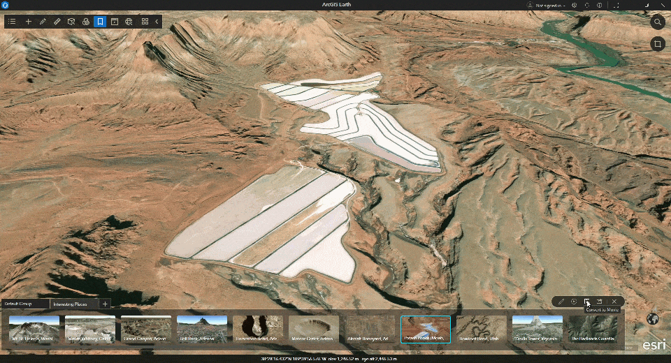 GIF demonstrating how ArcGIS Earth can import bookmarks to a movie project.