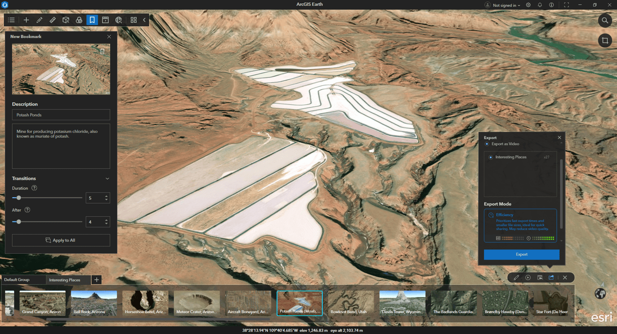ArcGIS Earth screenshot depicting bookmark to video functionality.