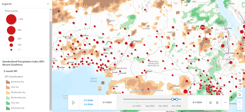 Map zoomed into Africa showing recent dry and wet areas against ACLED points sized by total conflict events.