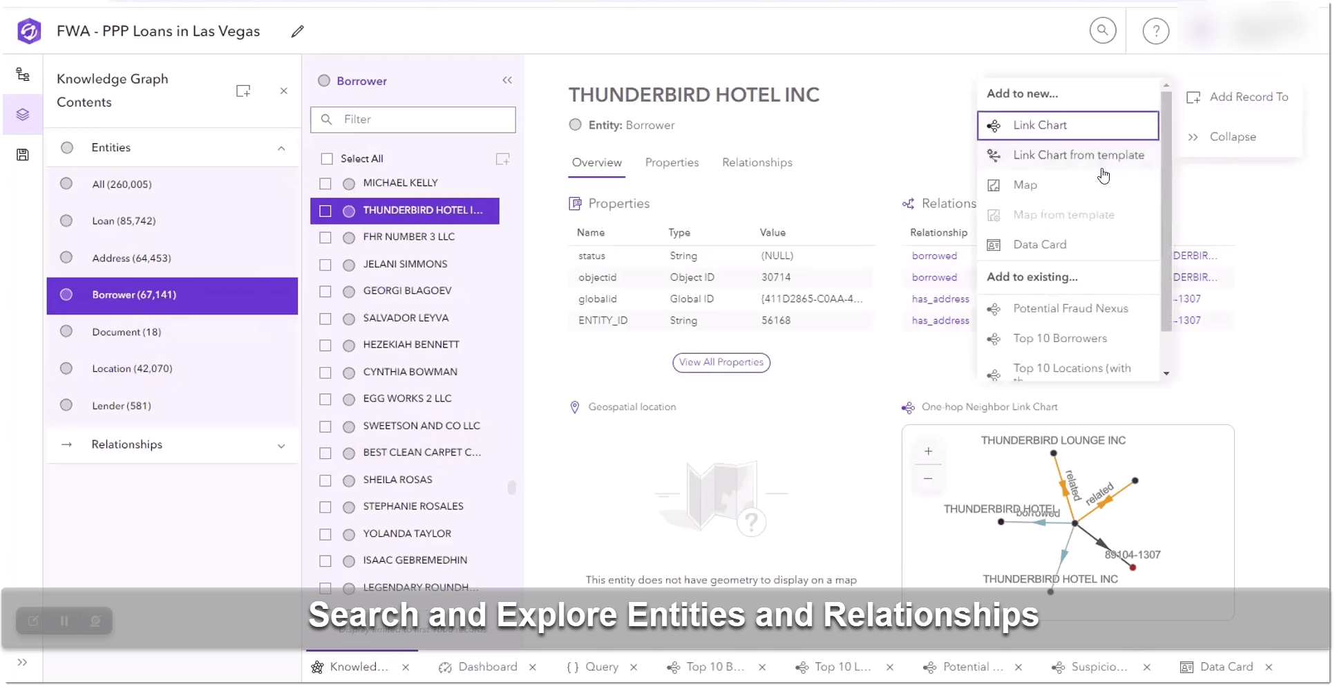Search all the text in your knowledge graph, and explore specific entities and relationships, then add them to new views.