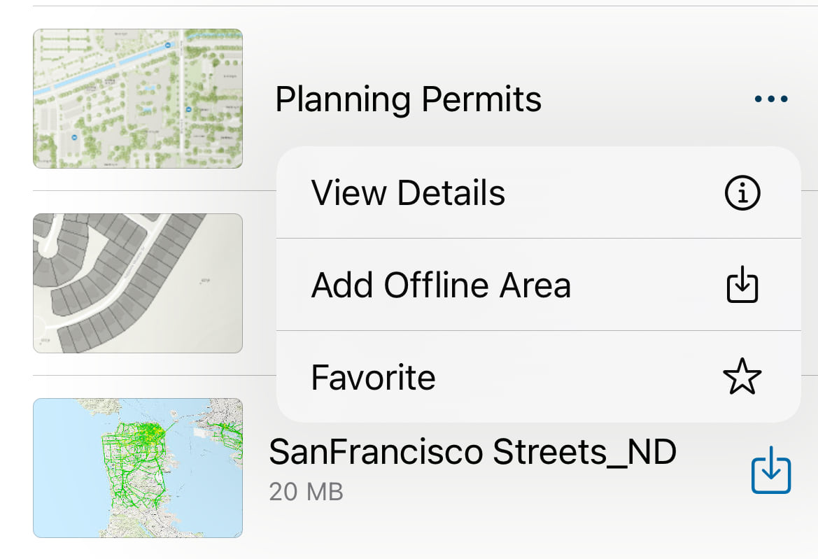 Overflow menu showing Add Offline Area option