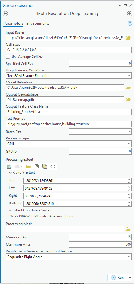 Multiresolution Deep Learning Geoprocessing Tool Parameters