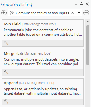 Geoprocessing tool search results