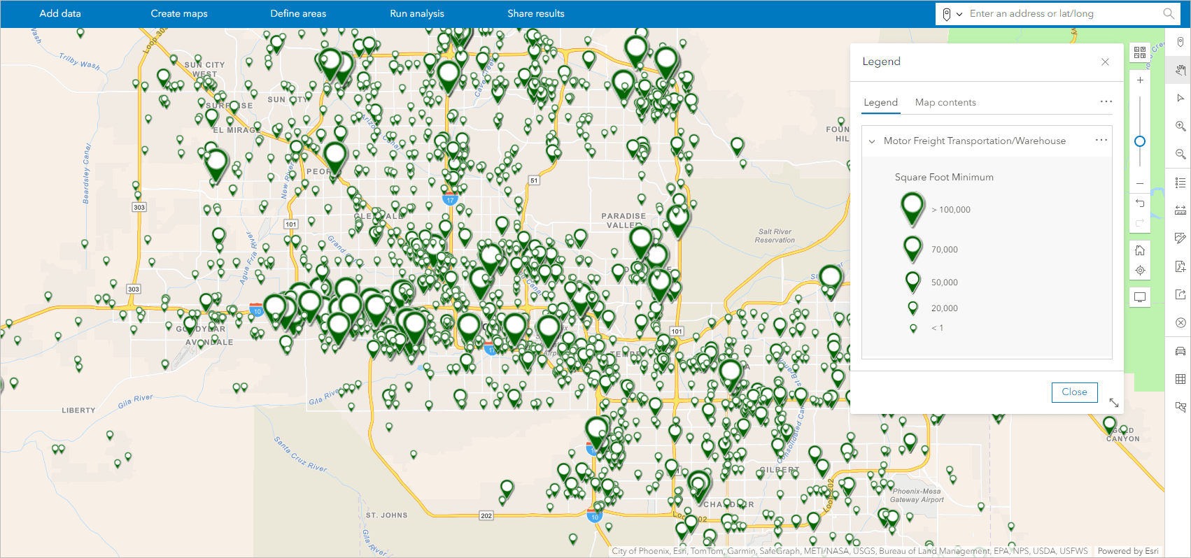 Map of businesses symbolized by square footage