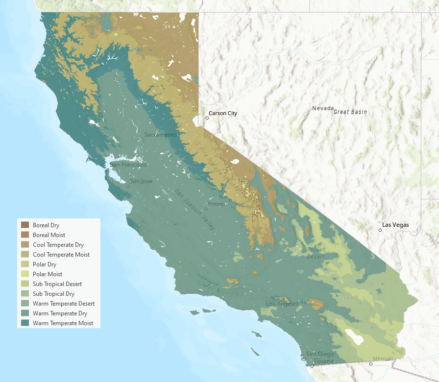 World Terrestrial Ecosystems raster of temperature-moisture classes in California
