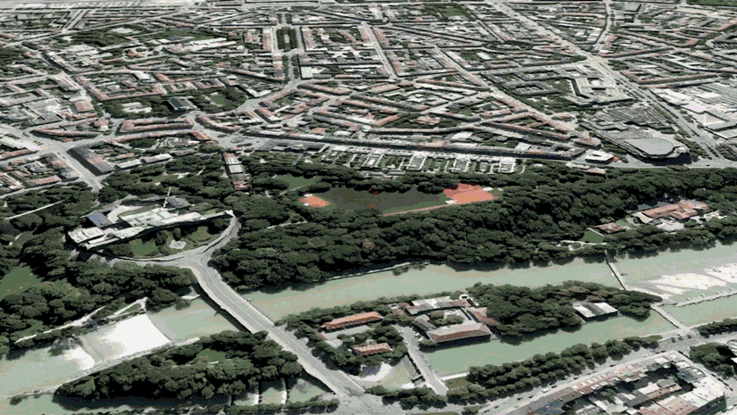 An animation showing GIS layers superimposed over satellite imagery of a city, showcasing colorful layers of various environmental elements for a planned underground railway project. Some frames also display the BIM model of the railway.