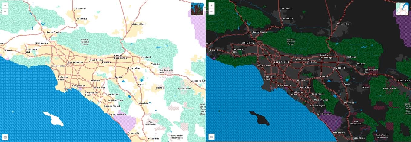 Example of the light and dark versions of the Enhanced Contrast basemap featuring the Los Angeles metro area.