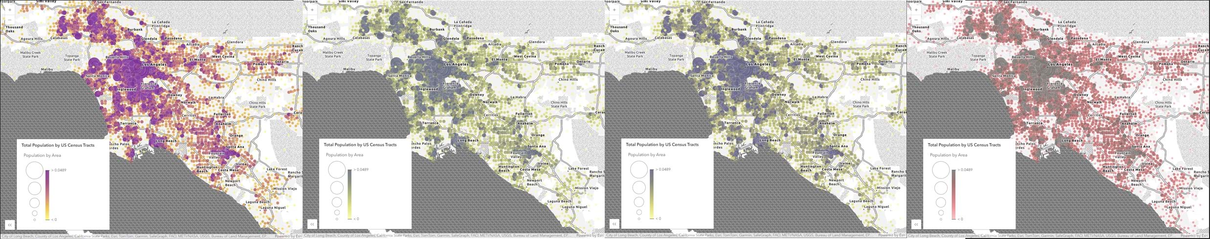 4 maps of the same area in Los Angeles are demonstrating color vision deficiency filters to illustrate the importance of testing for color contrast.