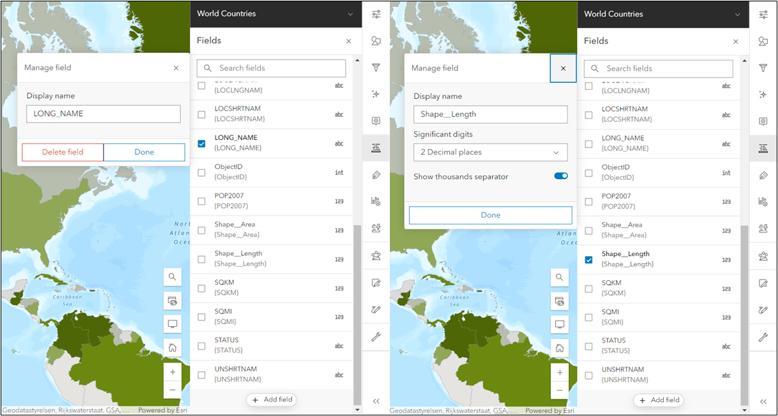 A side-by-side view of the fields pane showing one field that is eligible for deletion and one that is not.