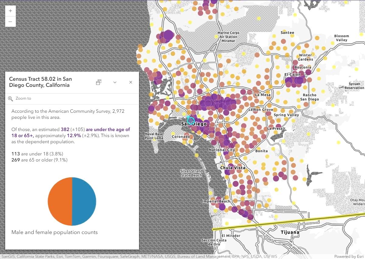 The pop-up shows information from a map on San Diego County, California about the proportion of people of a certain age in a US Census tract.