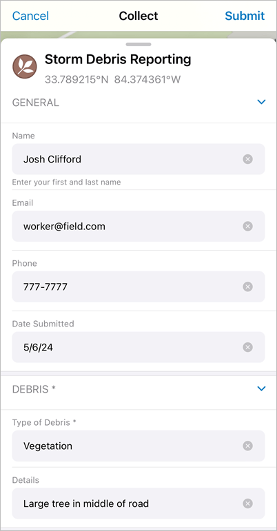 Storm debris form in Field Maps mobile app