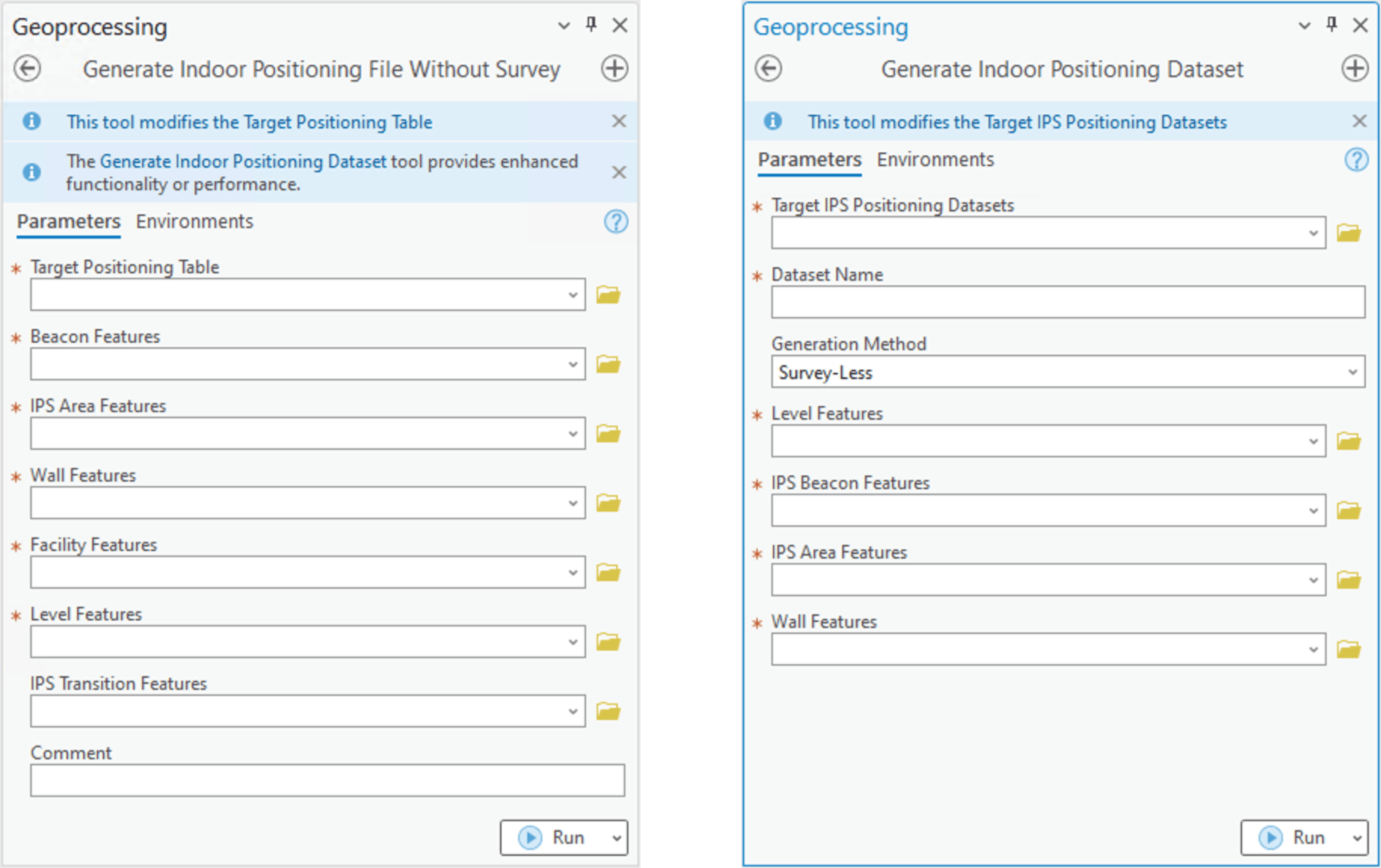 screensahots of the classic positioning files and the latest indoor positioning datasets in ArcGIS Pro.