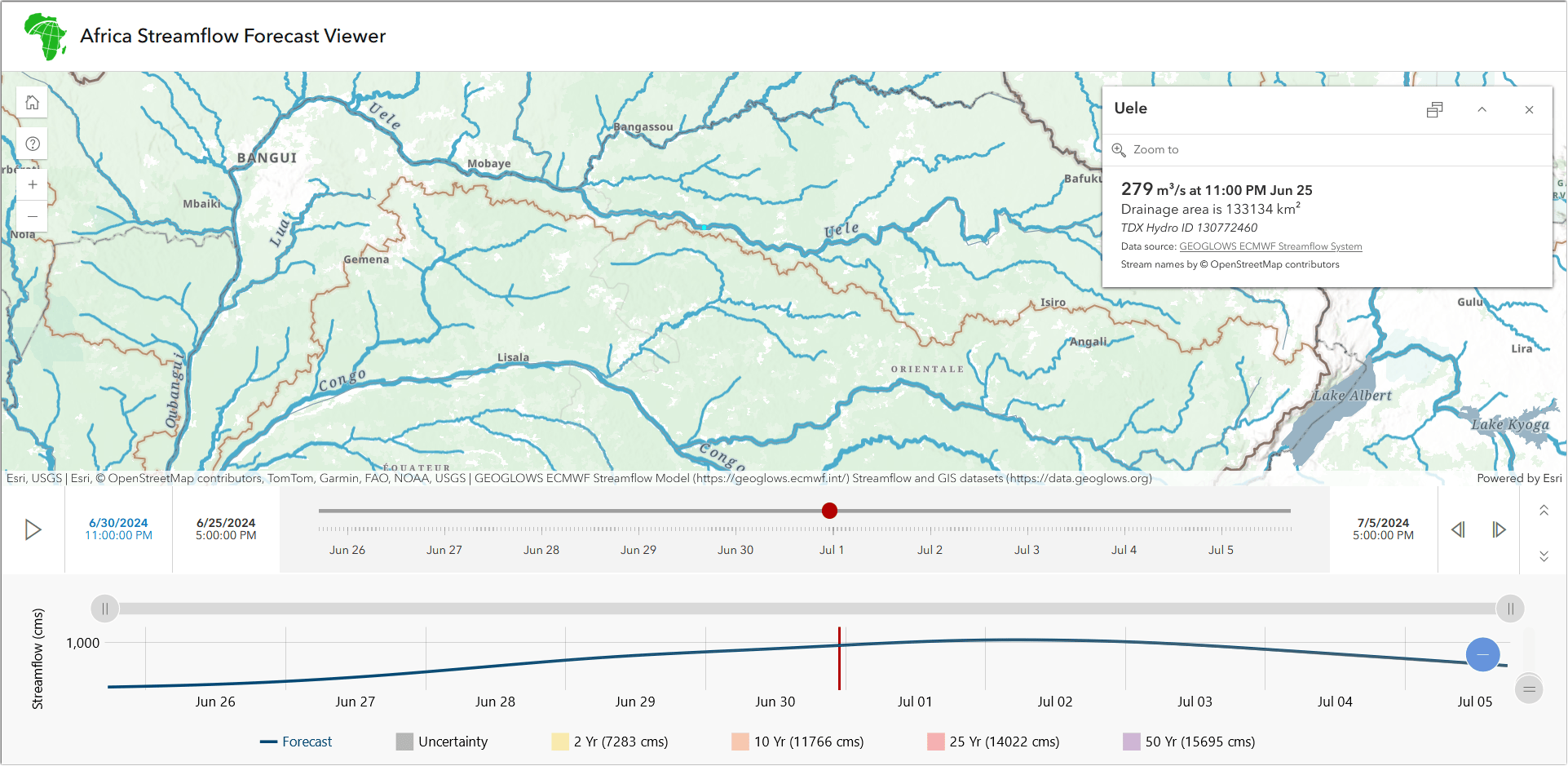 The Africa Streamflow Forecast Viewer provides water situational awareness for thousands of rivers across Africa, improving water sustainability and mitigating water risk. Click image to launch the app.