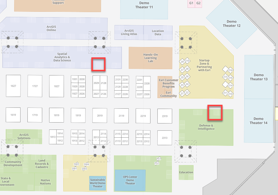 ArcGIS AllSource kiosk locations on Expo floor.