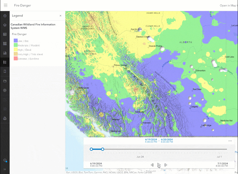 Canadian Wildland Fire Information System WMS visualizing wildfire danger