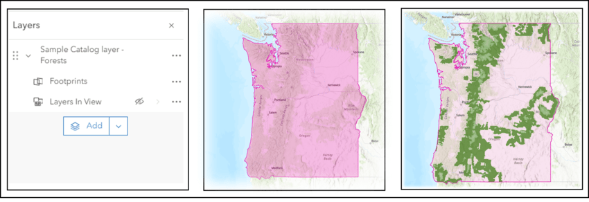 Each Catalog layer contains 2 sublayers: Footprints and Layers in View.
