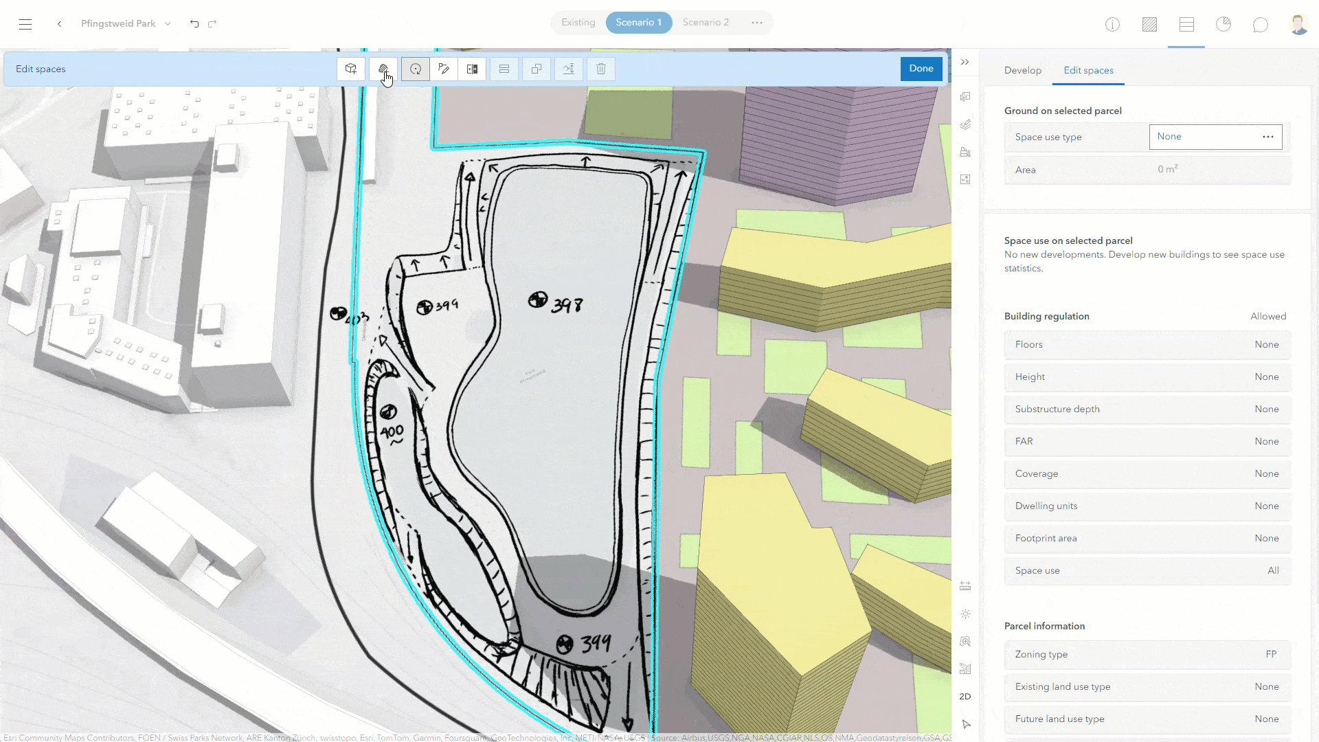 Tracing a contextual layer added to the urban model showing where a drainage basin is located.