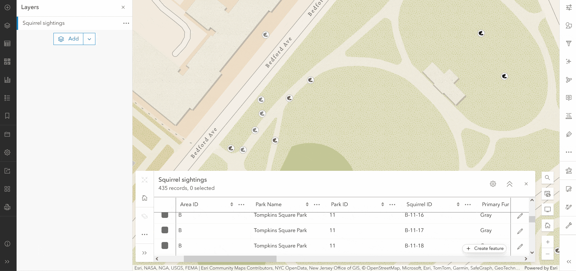 The GIF shows the Editor pane open when clicking the “Create feature” or “Create record” button in the attribute table.