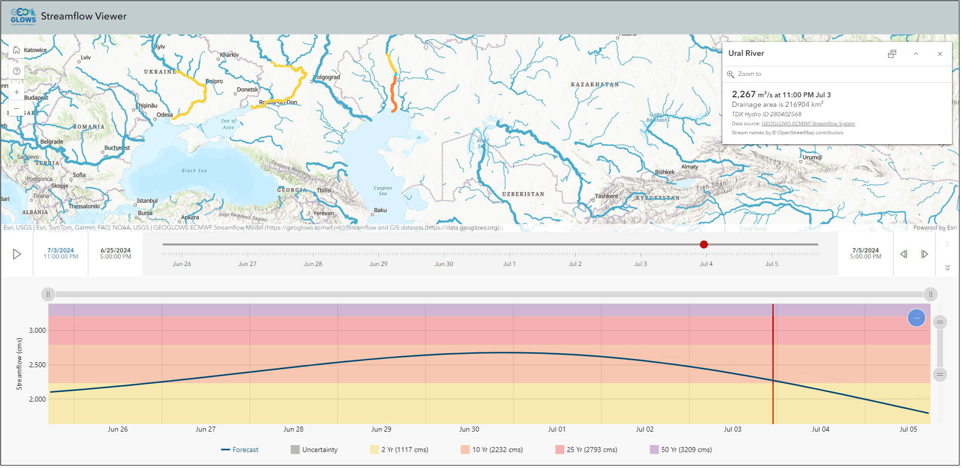 GEOGLOWS / ECMWF global streamflow forecast service improves global water sustainability and mitigates water-related risk. Click image to launch app.