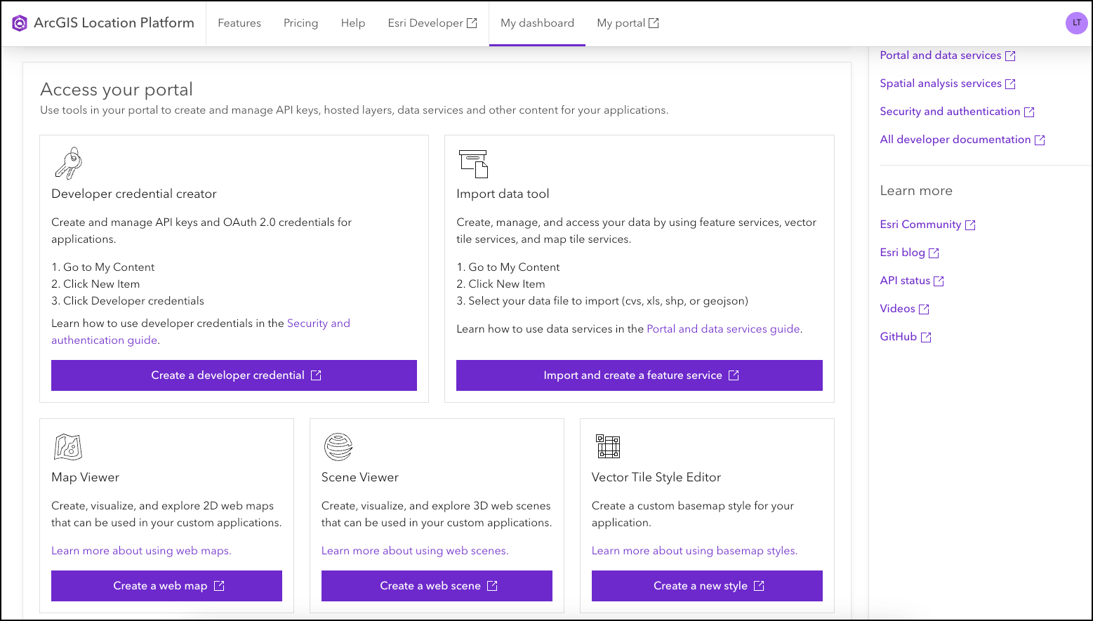 Screenshot of ArcGIS Location Platform web page showing the different developer tools. Including developer credentials creator, import data tool, Map Viewer, Scene Viewer, and vector tile style editor.