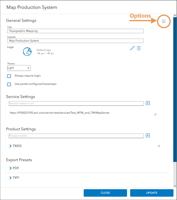 Map Production System web app settings