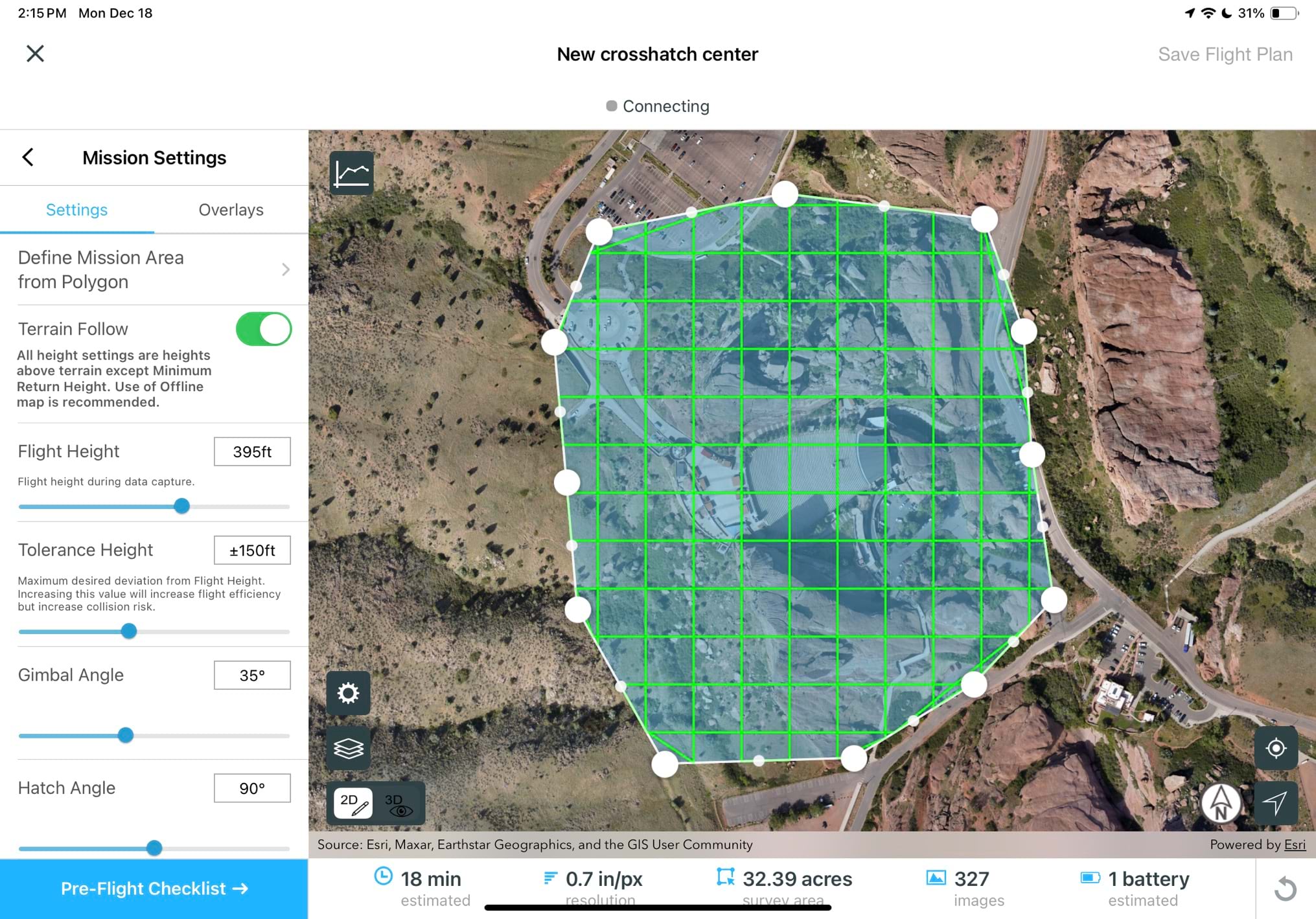 A Site Scan for ArcGIS screen shot from the flight planning app showing a green polygon of the planned capture area for the Red Rocks ampitheatre.