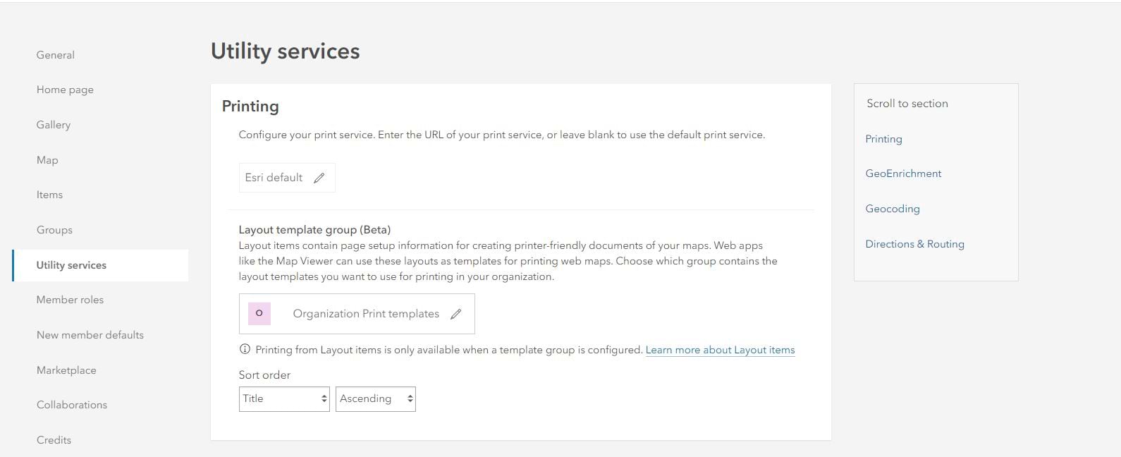 An image indicating where to configure a layout template group for printing in ArcGIS Online.