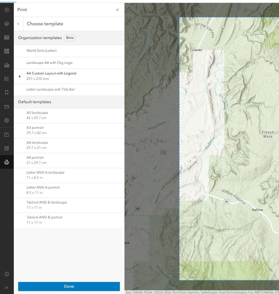 An image illustrating how to select a print template in Map Viewer.