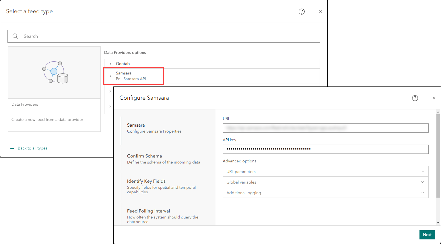 New Samsara feed configuration in ArcGIS Velocity