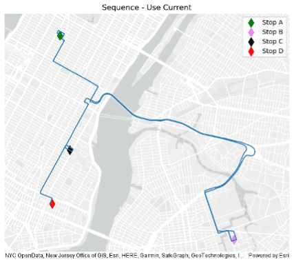 A map of a city with a route highlighted in blue, featuring four stops marked with various colored diamonds. The stops are designated as A (green), B (pink), C (black), and D (red).