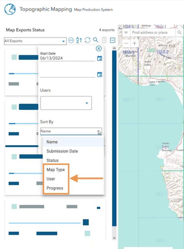 Map Production System web app export queue sort options