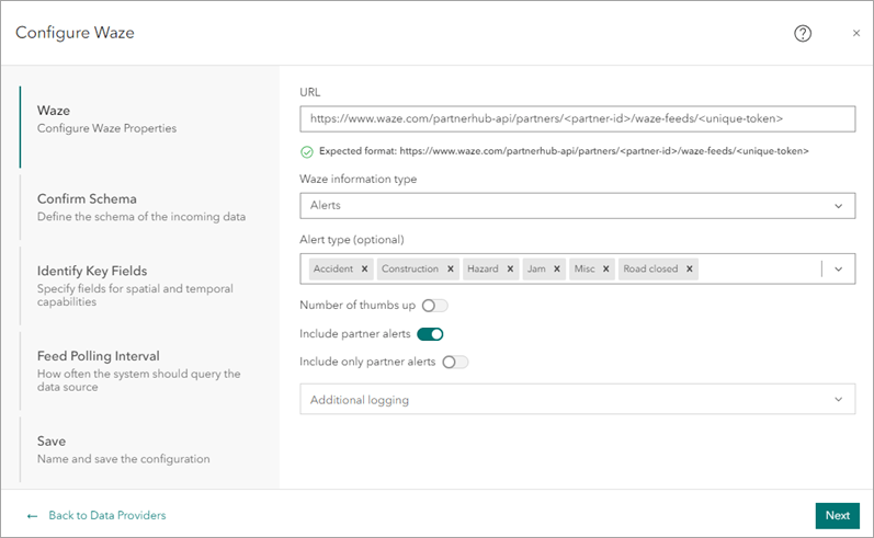 New Waze feed configuration in ArcGIS Velocity